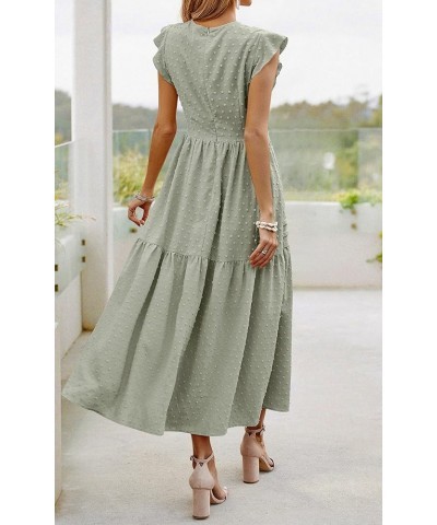 Women's Summer Maxi Dress Casual Crewneck Cap Sleeve Swiss Dot Tierd Pleated Solid Long Skater Sundress Grey Green $19.74 Dre...