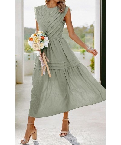 Women's Summer Maxi Dress Casual Crewneck Cap Sleeve Swiss Dot Tierd Pleated Solid Long Skater Sundress Grey Green $19.74 Dre...