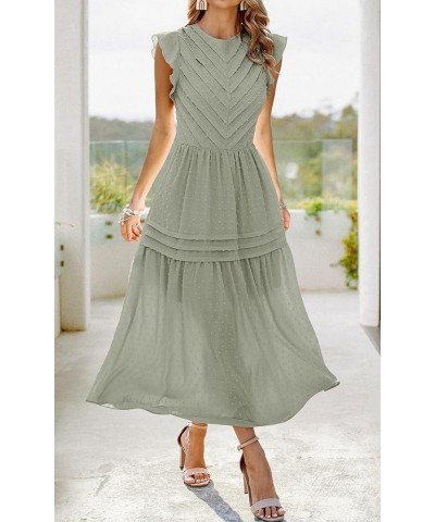 Women's Summer Maxi Dress Casual Crewneck Cap Sleeve Swiss Dot Tierd Pleated Solid Long Skater Sundress Grey Green $19.74 Dre...