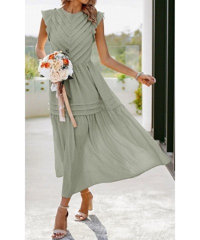 Women's Summer Maxi Dress Casual Crewneck Cap Sleeve Swiss Dot Tierd Pleated Solid Long Skater Sundress Grey Green $19.74 Dre...