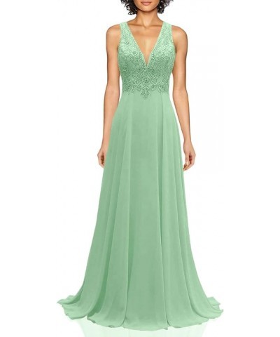 Lace Appliques Chiffon Bridesmaid Dresses Long V Neck A Line Formal Dress Evening Gown for Women Sage $42.00 Dresses