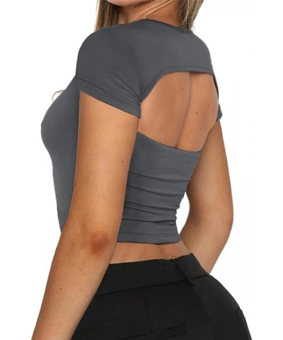 Women's Casual Crewneck Short Sleeve Backless Fitted Crop Top Shirt Dark Grey $7.14 T-Shirts