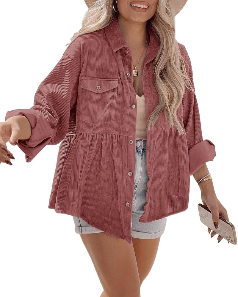 Womens Corduroy Shirts Casual Long Sleeve Button Down Blouses Tunic Babydoll Dress Loose Pocket Jacket Shackets Pink $20.66 J...