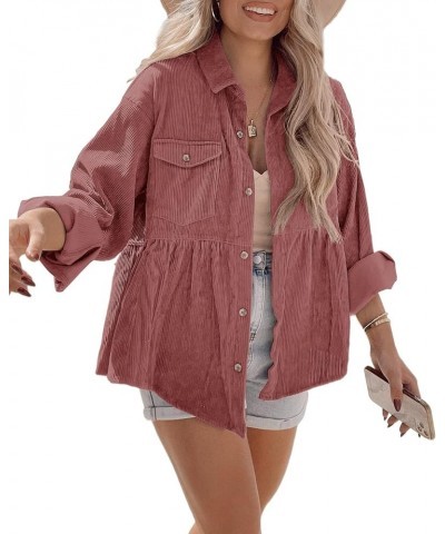 Womens Corduroy Shirts Casual Long Sleeve Button Down Blouses Tunic Babydoll Dress Loose Pocket Jacket Shackets Pink $20.66 J...