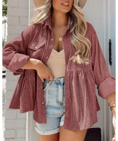 Womens Corduroy Shirts Casual Long Sleeve Button Down Blouses Tunic Babydoll Dress Loose Pocket Jacket Shackets Pink $20.66 J...