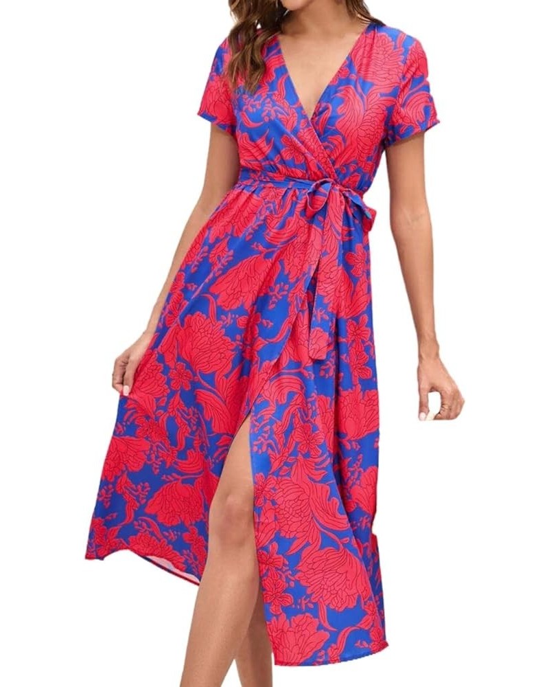 Dresses Women's 2023 Floral Summer Dress Wrap V Neck Short Sleeve Belted Ruffle Hem A-Line Bohemian Dresses A03 A03-rd1 $5.69...