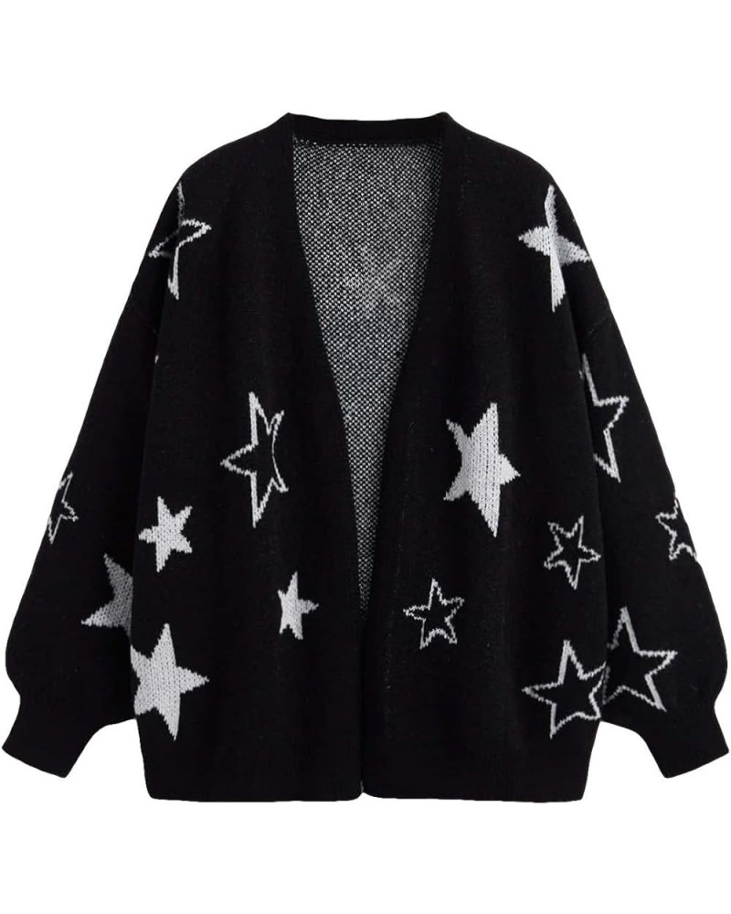 Women's Plus Size Graphic Print Long Sleeve Open Front Knitwear Cardigan Black Star $23.84 Sweaters