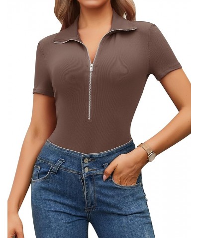 Womens Black Bodysuit Shirts Deep V Neck Zip Up Short Sleeve Summer Jumpsuit Ribbed Tight Tops 2024 Outfits Coffee $10.75 Lin...