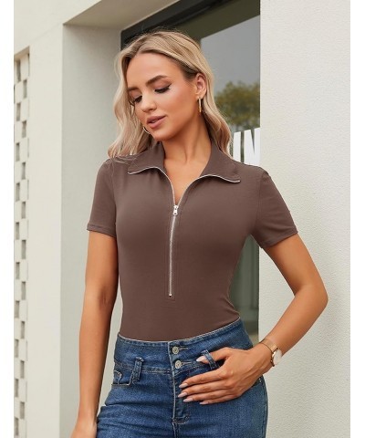 Womens Black Bodysuit Shirts Deep V Neck Zip Up Short Sleeve Summer Jumpsuit Ribbed Tight Tops 2024 Outfits Coffee $10.75 Lin...