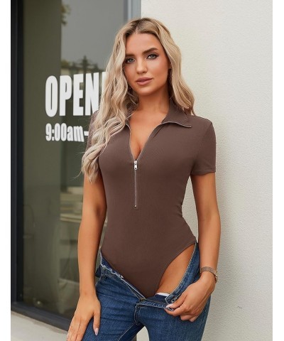 Womens Black Bodysuit Shirts Deep V Neck Zip Up Short Sleeve Summer Jumpsuit Ribbed Tight Tops 2024 Outfits Coffee $10.75 Lin...