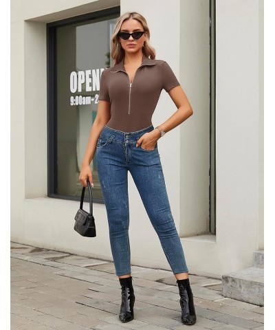 Womens Black Bodysuit Shirts Deep V Neck Zip Up Short Sleeve Summer Jumpsuit Ribbed Tight Tops 2024 Outfits Coffee $10.75 Lin...