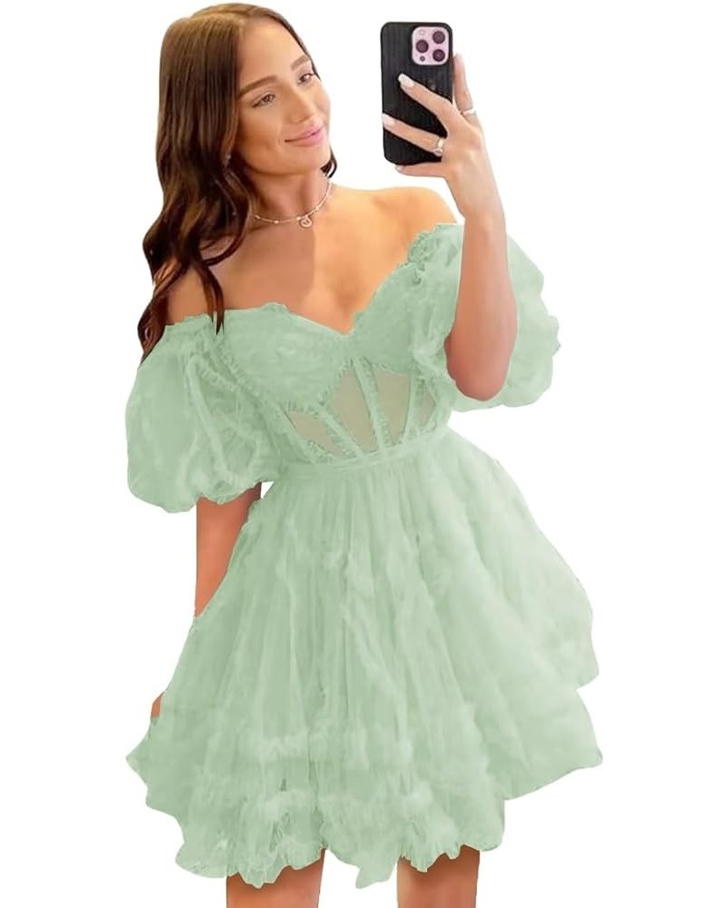 Tulle Homecoming Dresses 2024 Puffy Sleeves Layered Short Dresses Formal Cocktail Party Gowns Sage Green $25.80 Dresses