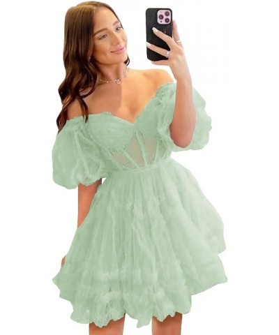 Tulle Homecoming Dresses 2024 Puffy Sleeves Layered Short Dresses Formal Cocktail Party Gowns Sage Green $25.80 Dresses