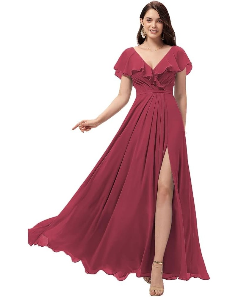 Women's Long V Neck Bridesmaid Dresses with Slit Ruffle Chiffon Formal Evening Gowns YZTS004 Desert Rose $28.60 Dresses