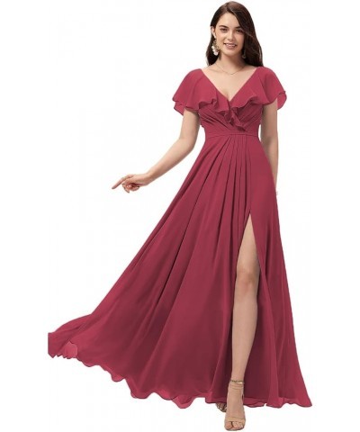 Women's Long V Neck Bridesmaid Dresses with Slit Ruffle Chiffon Formal Evening Gowns YZTS004 Desert Rose $28.60 Dresses