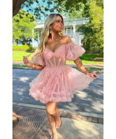 Tulle Homecoming Dresses 2024 Puffy Sleeves Layered Short Dresses Formal Cocktail Party Gowns Sage Green $25.80 Dresses