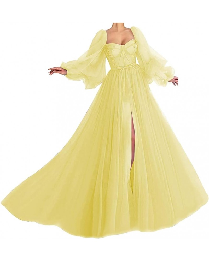 Women's Puffy Sleeve Prom Dress Ball Gown Tulle Sweetheart Wedding Formal Evening Dresses with Split Yellow $38.25 Dresses