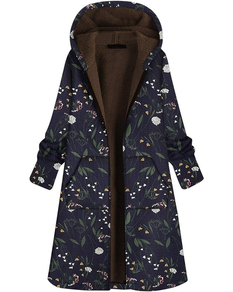 Womens Fleece Lined Jackets Parka Boho Flowers Floral Print Hooded Vintage Loose Warm Coat Plus Size XXXL A-navy $19.53 Coats