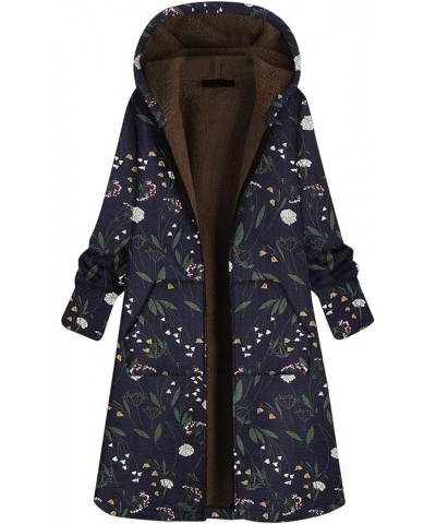 Womens Fleece Lined Jackets Parka Boho Flowers Floral Print Hooded Vintage Loose Warm Coat Plus Size XXXL A-navy $19.53 Coats