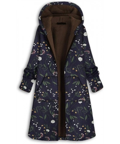 Womens Fleece Lined Jackets Parka Boho Flowers Floral Print Hooded Vintage Loose Warm Coat Plus Size XXXL A-navy $19.53 Coats