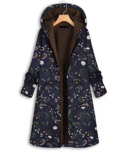 Womens Fleece Lined Jackets Parka Boho Flowers Floral Print Hooded Vintage Loose Warm Coat Plus Size XXXL A-navy $19.53 Coats