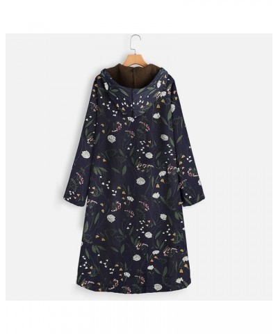 Womens Fleece Lined Jackets Parka Boho Flowers Floral Print Hooded Vintage Loose Warm Coat Plus Size XXXL A-navy $19.53 Coats