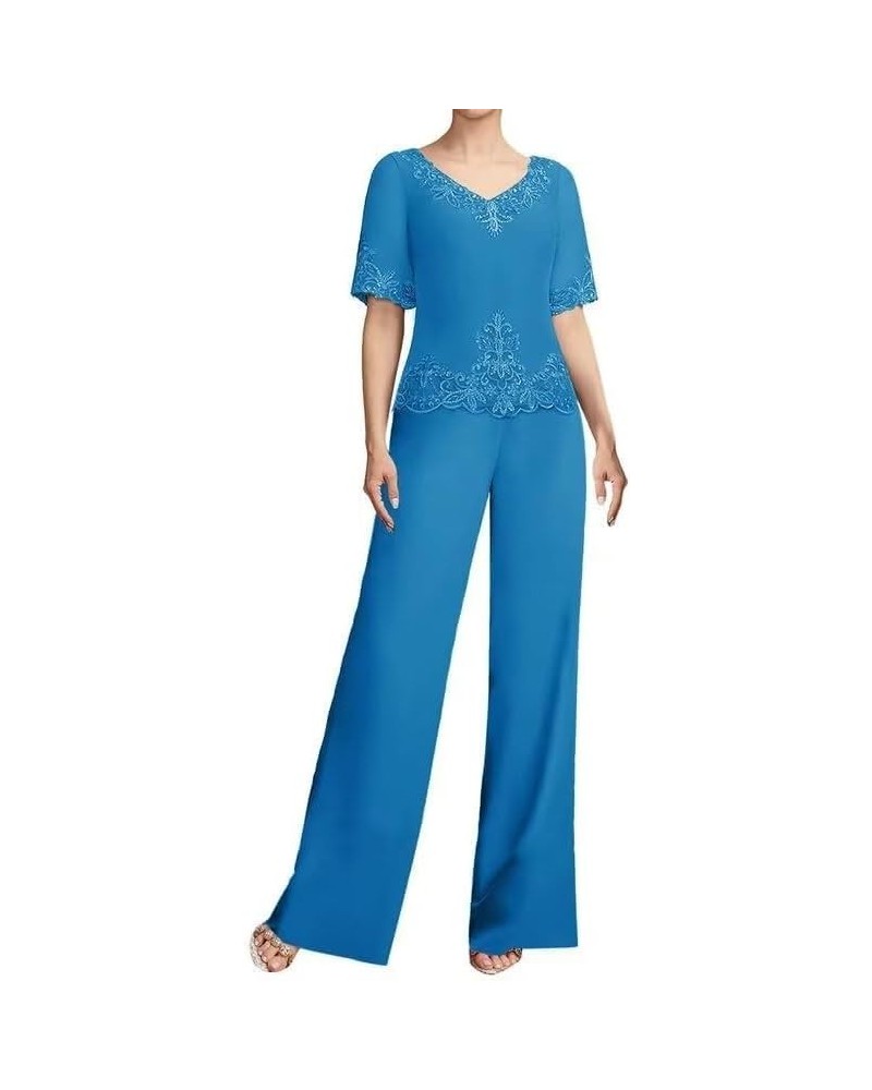 2 Pieces Mother of The Bride Pant Suits for Women Dressy Wedding Applique Formal Evening Dresses with Sleeves Ocean Blue $34....