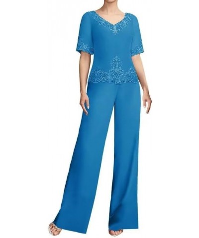 2 Pieces Mother of The Bride Pant Suits for Women Dressy Wedding Applique Formal Evening Dresses with Sleeves Ocean Blue $34....