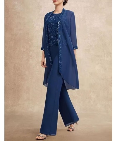 Long Sleeves Mother of The Bride Pant Suits for Wedding with Jacket 3 PCs Chiffon Appliques Formal Pant Suits for Women Light...