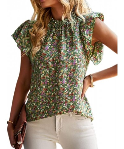 Women's Floral Mock Neck Short Ruffle Sleeve Boho Tops Dressy Casual Trendy Shirts Blouse Spring Summer Work 2023 Green $15.6...