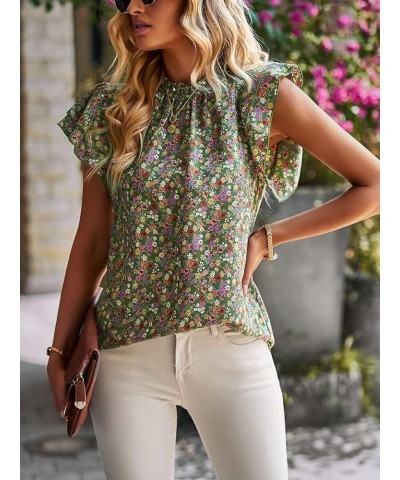 Women's Floral Mock Neck Short Ruffle Sleeve Boho Tops Dressy Casual Trendy Shirts Blouse Spring Summer Work 2023 Green $15.6...