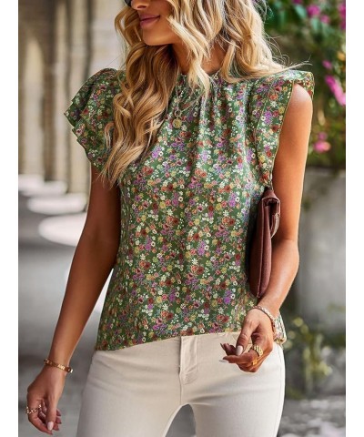 Women's Floral Mock Neck Short Ruffle Sleeve Boho Tops Dressy Casual Trendy Shirts Blouse Spring Summer Work 2023 Green $15.6...