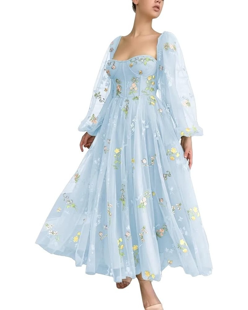 Women's Puffy Long Sleeve Prom Dress Short Flower Embroidery Lace Tea-Length Formal Tulle Evening Party Gowns Sky Blue $36.71...