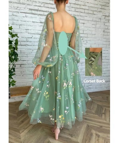 Women's Puffy Long Sleeve Prom Dress Short Flower Embroidery Lace Tea-Length Formal Tulle Evening Party Gowns Sky Blue $36.71...