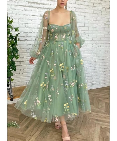 Women's Puffy Long Sleeve Prom Dress Short Flower Embroidery Lace Tea-Length Formal Tulle Evening Party Gowns Sky Blue $36.71...