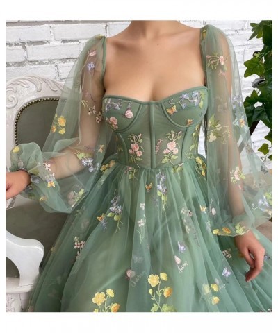 Women's Puffy Long Sleeve Prom Dress Short Flower Embroidery Lace Tea-Length Formal Tulle Evening Party Gowns Sky Blue $36.71...