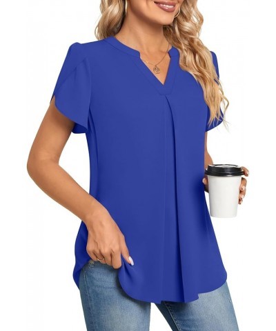 Women's Summer Dressy Chiffon Blouse Notch V Neck Petal Sleeve Tops Loose Casual Cute Shirts for Work Short-royal Blue $17.09...