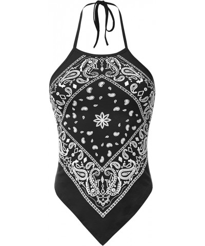 Women Sexy Casual Paisley Halter Neck Tied Back Handkerchief Bandana Top - Made in USA Black $14.07 Tanks