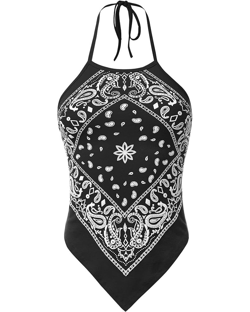 Women Sexy Casual Paisley Halter Neck Tied Back Handkerchief Bandana Top - Made in USA Black $14.07 Tanks