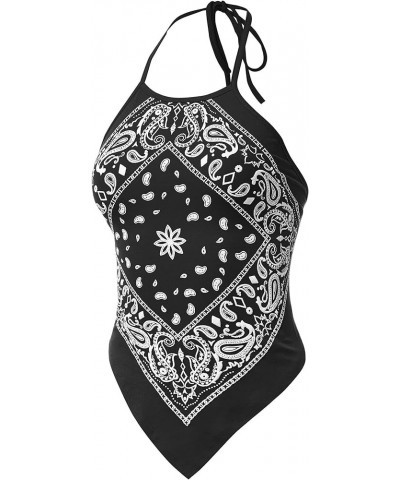 Women Sexy Casual Paisley Halter Neck Tied Back Handkerchief Bandana Top - Made in USA Black $14.07 Tanks