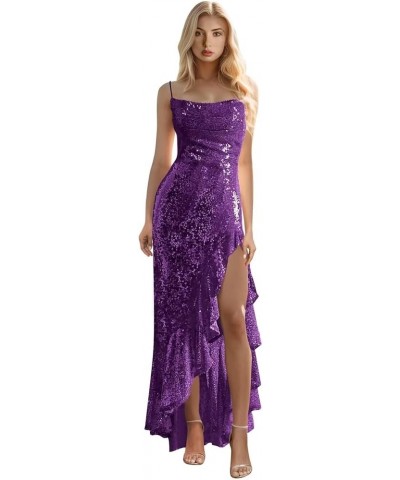 Glitter Sequins Prom Dresses for Women Sparkle Boat Neck Mermaid Formal Evening Gowns with Spaghetti Straps Purple $35.04 Dre...