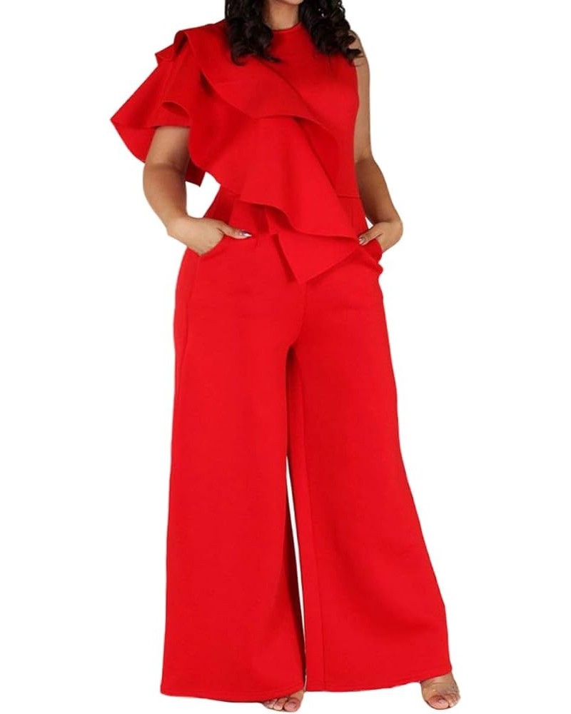 Plus Size Ruffle Plain Full Length Loose Sleeveless Women's Jumpsuit Asymmetric Falbala Woman Romper Red $32.99 Jumpsuits