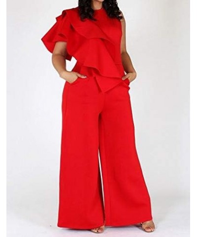 Plus Size Ruffle Plain Full Length Loose Sleeveless Women's Jumpsuit Asymmetric Falbala Woman Romper Red $32.99 Jumpsuits