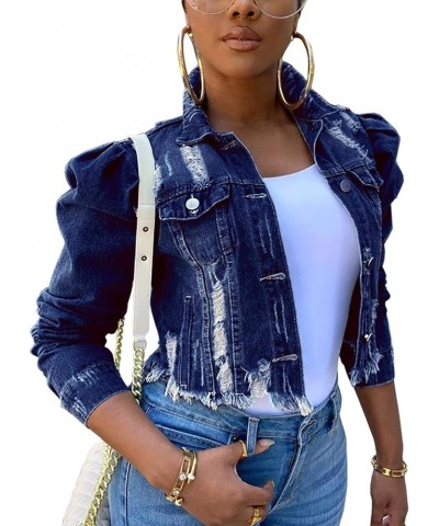 Women's Puff Sleeve Crop Denim Jacket Ruffle Shoulder Long Sleeve Frayed Slim Jean Coat Outwear A-dark Blue $30.44 Jackets