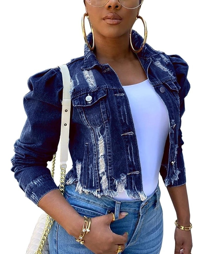 Women's Puff Sleeve Crop Denim Jacket Ruffle Shoulder Long Sleeve Frayed Slim Jean Coat Outwear A-dark Blue $30.44 Jackets