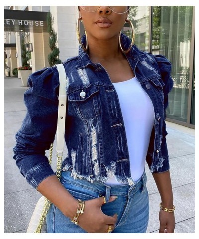 Women's Puff Sleeve Crop Denim Jacket Ruffle Shoulder Long Sleeve Frayed Slim Jean Coat Outwear A-dark Blue $30.44 Jackets