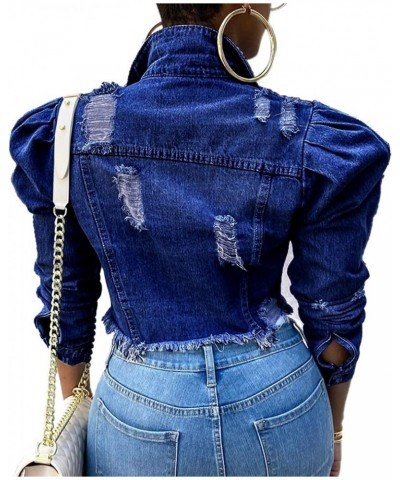 Women's Puff Sleeve Crop Denim Jacket Ruffle Shoulder Long Sleeve Frayed Slim Jean Coat Outwear A-dark Blue $30.44 Jackets