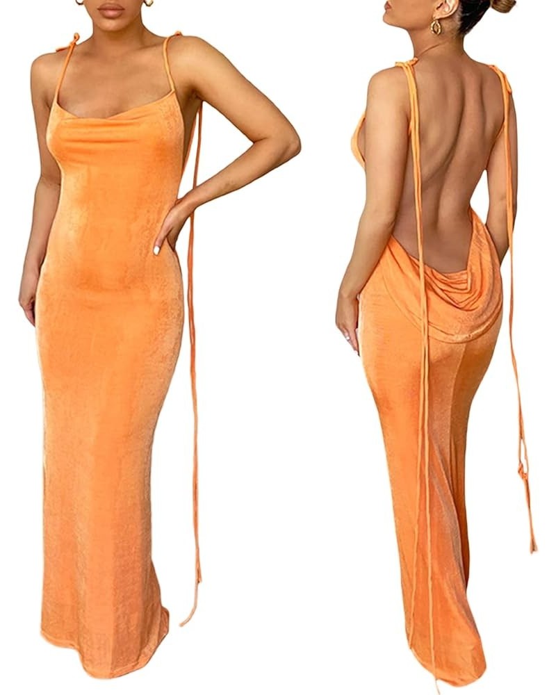 Womens Tie Back Backless Bodycon Long Dress Spaghetti Strap Low Neck Sleeveless Wrap Maxi Dresses Orange $11.61 Dresses