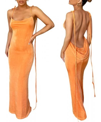 Womens Tie Back Backless Bodycon Long Dress Spaghetti Strap Low Neck Sleeveless Wrap Maxi Dresses Orange $11.61 Dresses