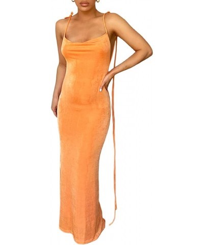 Womens Tie Back Backless Bodycon Long Dress Spaghetti Strap Low Neck Sleeveless Wrap Maxi Dresses Orange $11.61 Dresses